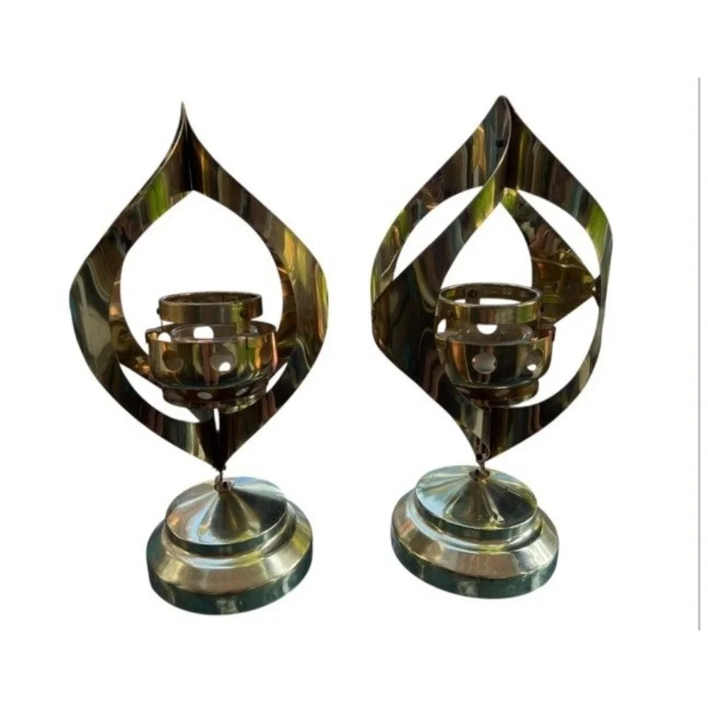 2 Mid Century Modern Candle Holder Gold Metal‎ Sculptural